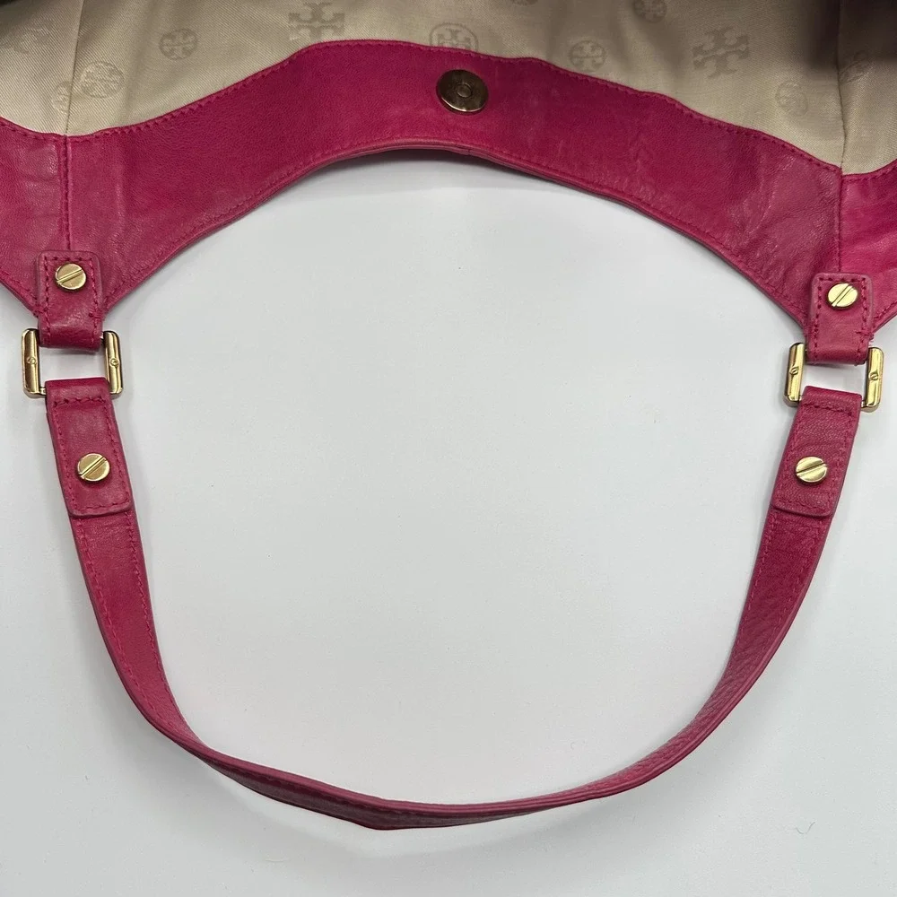 Tory Burch Magenta Leather‎ Tote Shoulder Bag Gold Logo Accent Chic